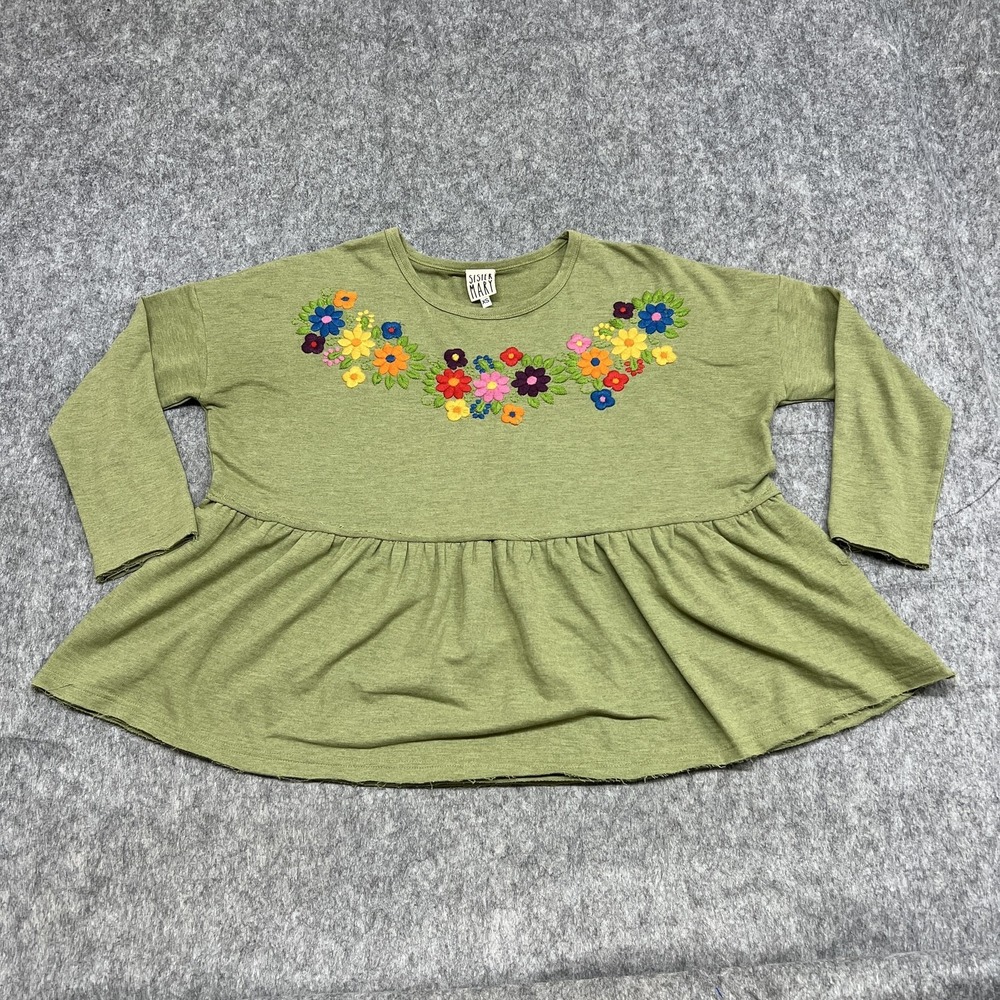 Sister Mary Tunic Womens XS Green Floral Embroidered Peplum Babydoll Top Boho